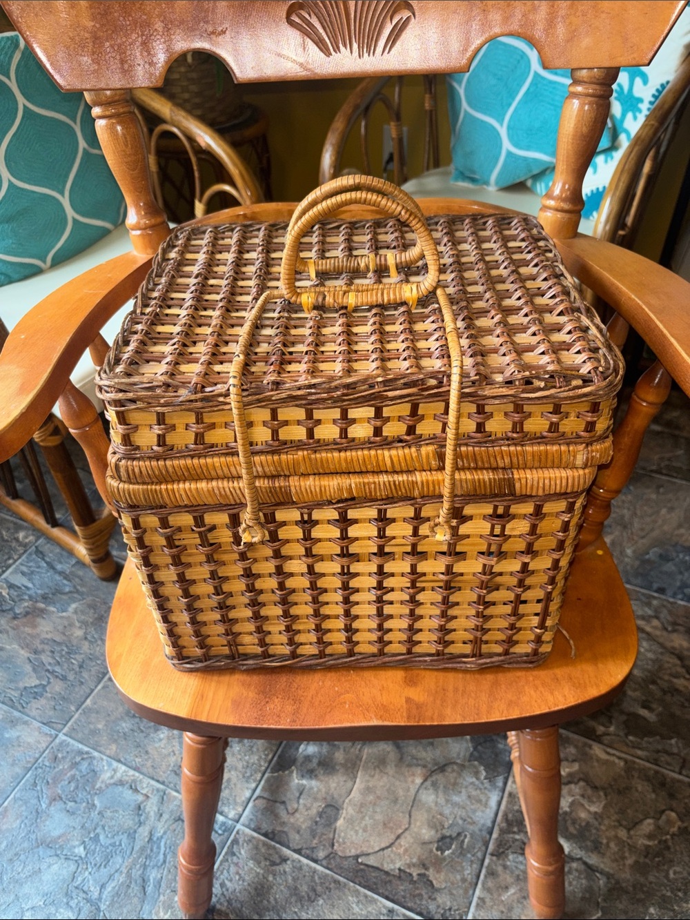 Vintage Woven Basket Chest in Brown and Tan